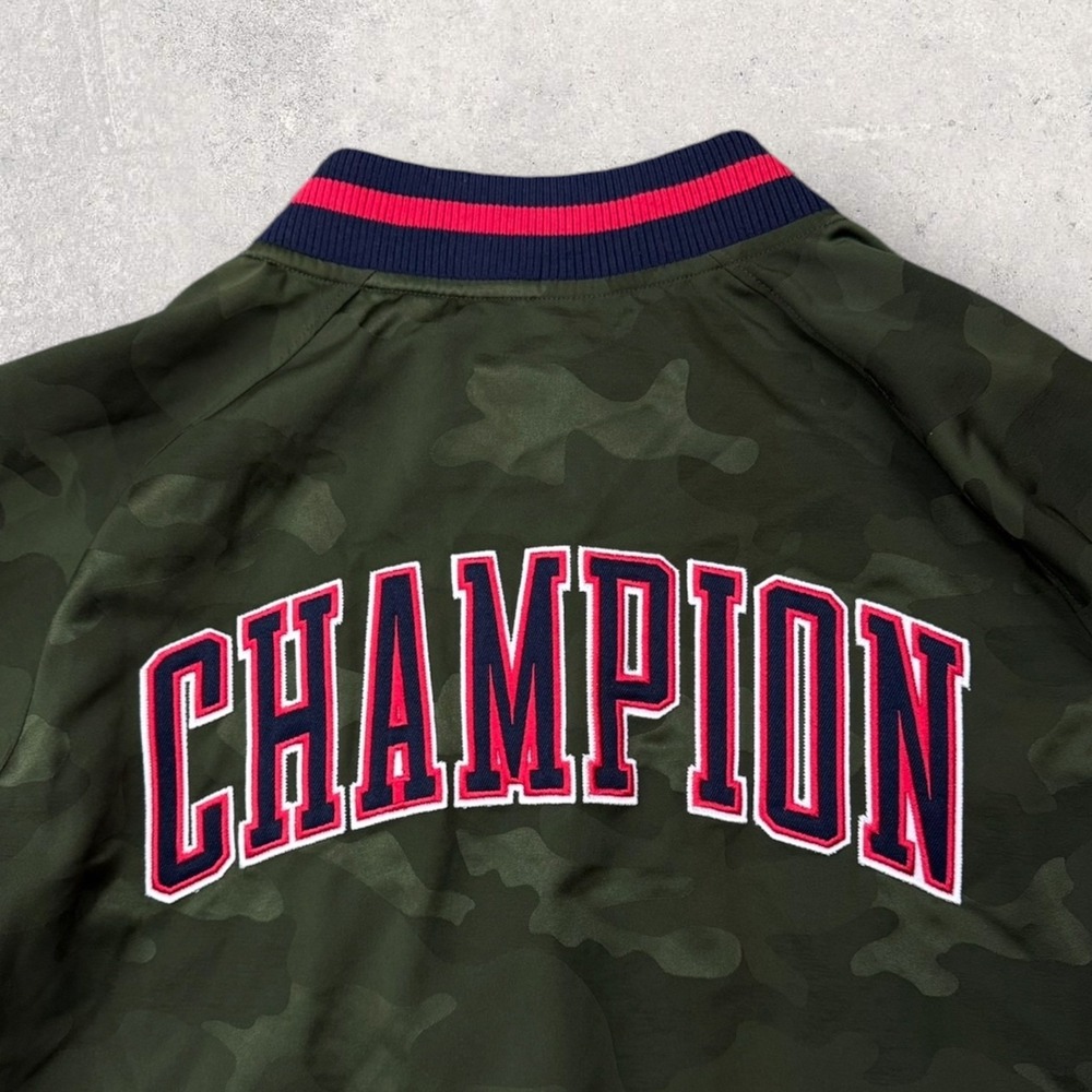 Champion Camo Bomber Jacket Mens Medium Green Red Camouflage Varsity Snap JL5764